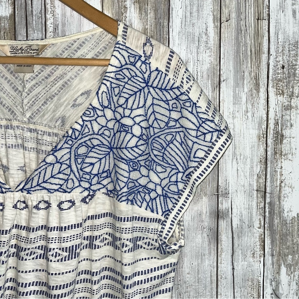 Lucky Brand Santorini Embroidered Boho Cotton Blue White Blouse Large - Picture 3 of 5
